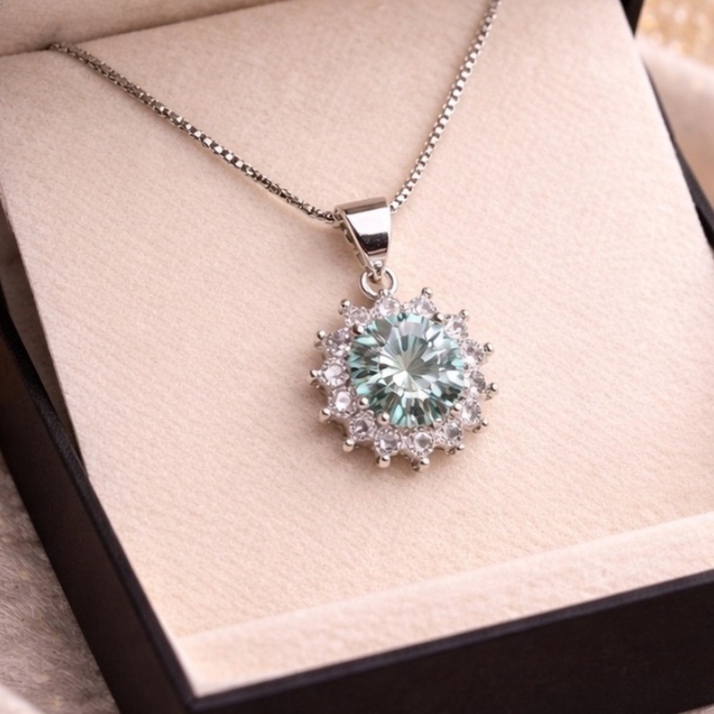 Sterling Silver One Carat Turquoise Moissanite with Sunburst Halo Necklace ✨
